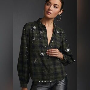 Anthropologie Pilcro Embroidered Plaid Shirt in Green Motif
